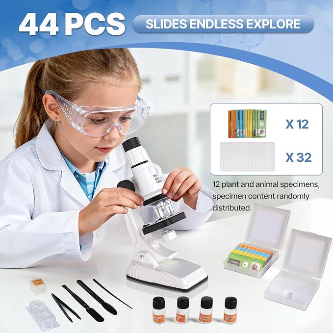 Kids Microscope Kit with Blank and Prepared Slides | 61 PCS Science Kit 100X-1200X with LED Light,Phone Holder, Carrying Box, STEM Project Toy, Educational Gift for Ages 6-12
