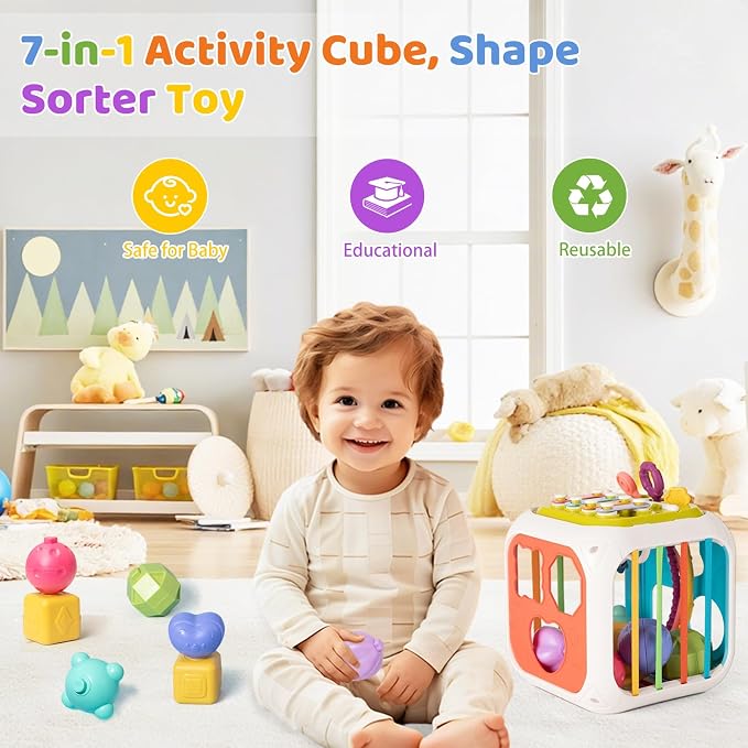 MINGKIDS 7 in1 Baby Sensory Montessori Activity Cube Toys, Shape Sorter Early Learning Toys,Developmental Infant Birthday Gifts for Toddler Age 1 2 3