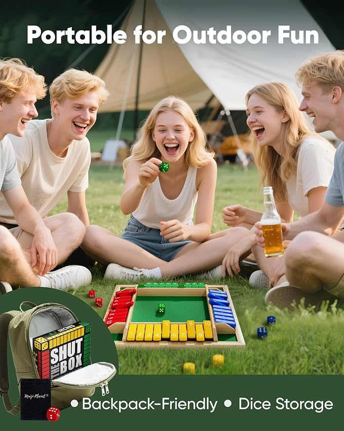 Classic Original Shut The Box Game Wooden Math Dice Board Game 2-4 Players | Table Games for Family Night Classroom Travel, Gifts for Group Kid Adult Senior, Camp Party Bar, Easy Quick and Fun