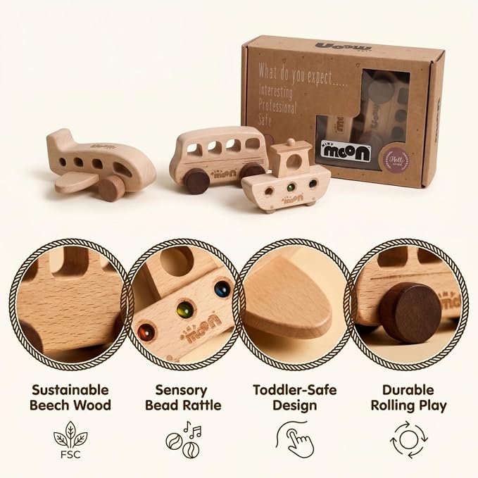 Wooden Baby Toys - Montessori Toys for 1 Year Old, 3-Piece Set with Bus, Airplane & Wooden Toy Cars - Teething Safe, Minimalist Nursery Decor, Toddler Gift for Boys & Girls