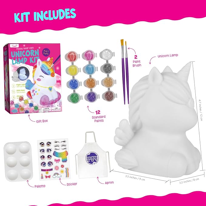 Paint Your Own Unicorn Lamp Kit, Crafts for Kids Ages 6-12, Gifts for Girls | Unicorn painting kit with paints and 3D night light; arts and crafts activity and birthday gift for girls ages 6-12