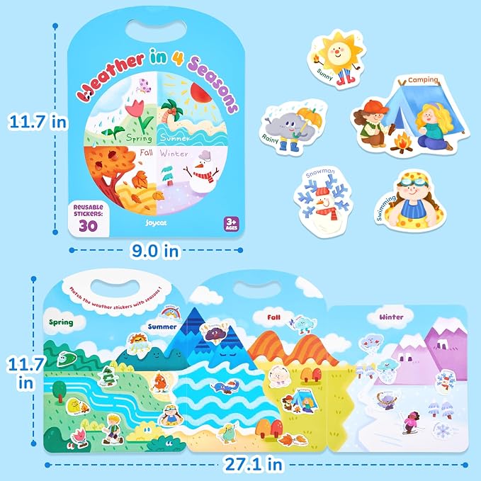 JoyCat Reusable Weather Theme Sticker Book, Travel Toys for Toddlers & Kids | Washable stickers make a kids' activity book for car, airplane and road trips; educational birthday gifts for boys and girls.