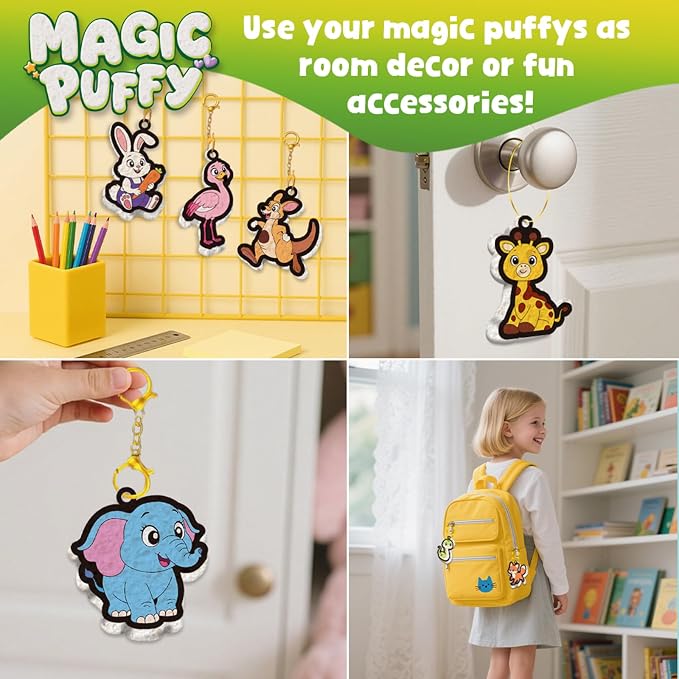 Artnedu Magic Puffy Paint 3D Art Kit - Animals,Mess-Free Color Activity | Paint By Number Craft Kits for Kids,DIY keychain,Travel Toys & Creative Gift for Ages 4, 5, 6, 7, 8, 9, 10