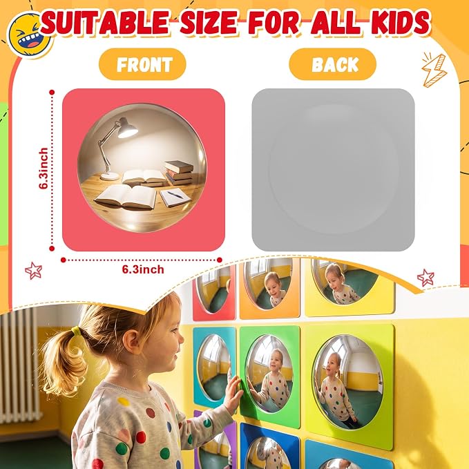 Geiserailie 9 Pcs Sensory Wall Bubble Mirrors, 6 x 6 Inch, CPC Certified | Colorful Acrylic Convex Mirrors, Sensory Room must haves, Classroom Learning Tool, Calming Corner, Preschool Daycare Activity