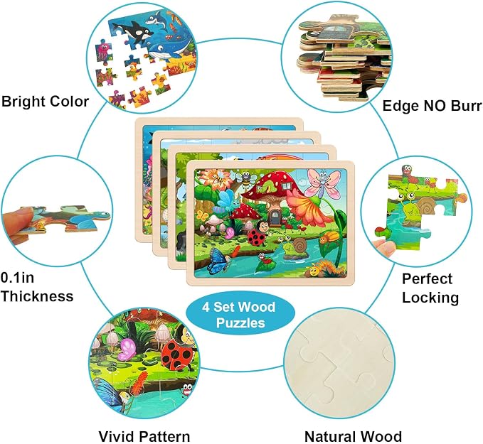 Wooden Puzzles for Kids Ages 3-5 4-6, 24 Piece Animals Puzzles Wooden Toys | 4 Pack Montessori Toddler Jigsaw Puzzles for Girl boy 3 4 5 6 Years Old,Preschool Learning Educational Birthday Gift Travel