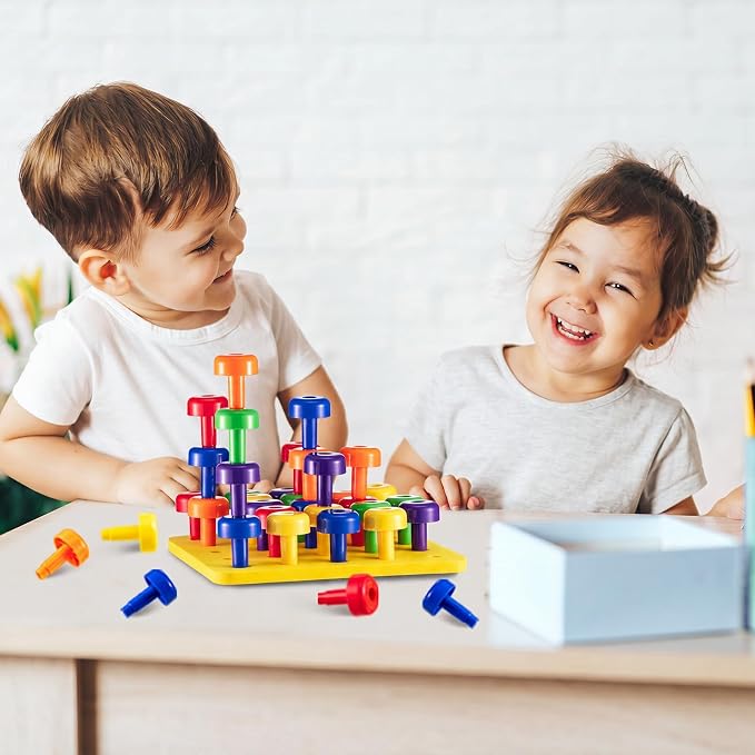 Toddler Peg Boards Montessori Stacking Toys,Red,Yellow,Blue,Orange | 120 Pcs Pegs with 4 Foam Boards & Storage Bag Kids Fine Motor Skills Educational Toy for Home Preschool