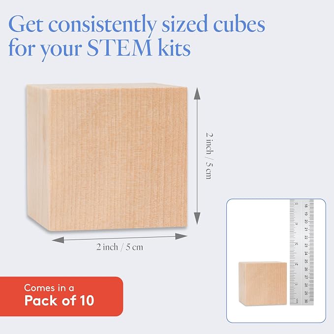 DIY Wood Cubes 2-inch, Pack of 10 Small Wood Blocks, Wooden Blocks for Crafts, STEM, Building, and Blank Wood Dice, by Woodpeckers