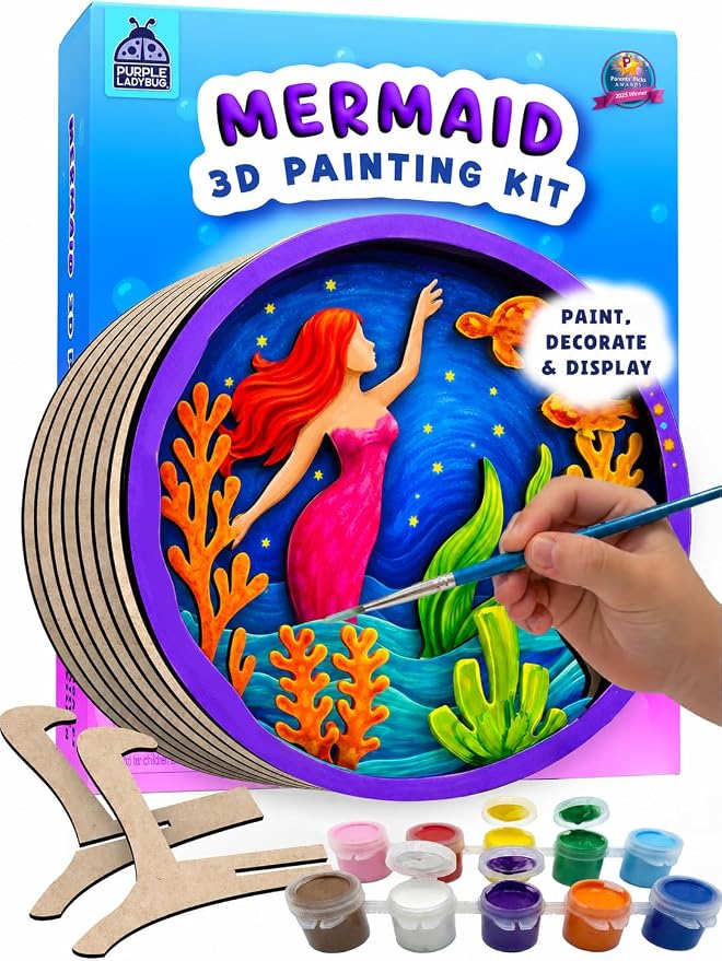 Mermaid 3D Painting Kit - Wooden Painting Crafts for Kids - Craft Kits for Girls Ages 8-12, DIY Crafts Paint Set Art Projects - Arts and Crafts for Girl 6 7 9 11 - Girls Birthday Gifts Age 8-10