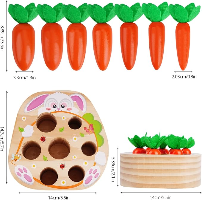 KMTJT Montessori Toys for 2 3 Year Old Toddlers | Wooden Carrot Harvest Toy | Sorting & Matching Game for 2+ Years, Fine Motor Skills Development, Educational Gifts for Baby Boys & Girls (Red)