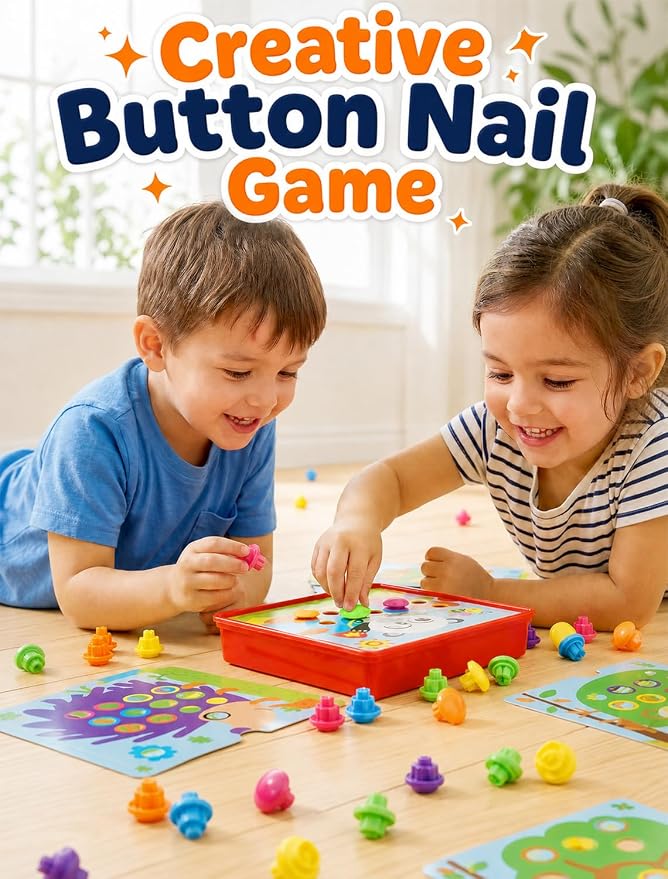 AluAbi Large Button Art Toy for Toddlers, Mosaic Peg Board, Ages 3+ | 12 picture cards and 46 colorful buttons; 10 x 10-inch color matching board with 1.4-inch pieces for fine motor play