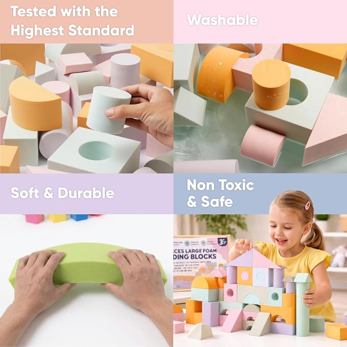 34 Large Foam Blocks for Toddlers - Pastel Stacking Soft Blocks for Kids | 34 jumbo soft EVA foam blocks in pastel colors - stack, build and float in the bath. Storage bag included. Non-toxic, ages 3+