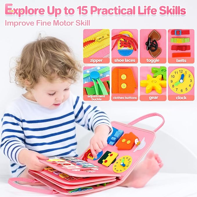 Busy Board Montessori Toys Toddler Girl Gift, Sensory Travel Toy for 1-3 | Preschool Educational Toy, Fine Motor Skills, Alphabet, Numbers, Shapes, Colors, Car & Airplane, Pink Multipages