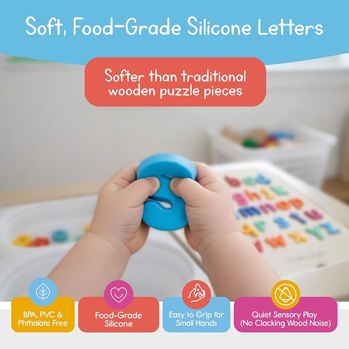 Lowercase Alphabet Puzzle for Kids, Sensory Bin Insert for Sensory Tables, Silicone Letters, Wooden Fine Motor Learning Toy