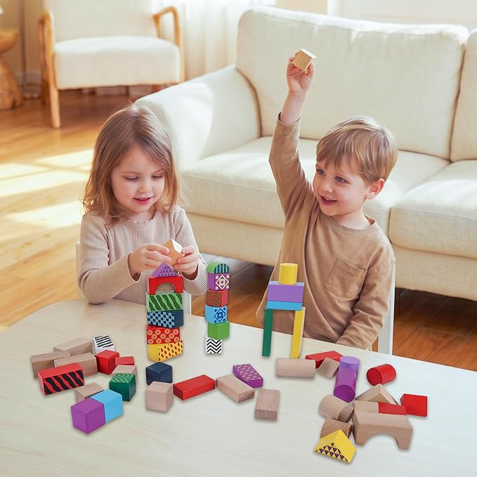 Offelec 50 Pcs Wooden Building Blocks Set with Storage Bucket, Montessori Stacking Blocks & Shape Sorting Toys for Toddlers, Preschool Learning Toys for Boys & Girls, Kids Brightly Colored Blocks