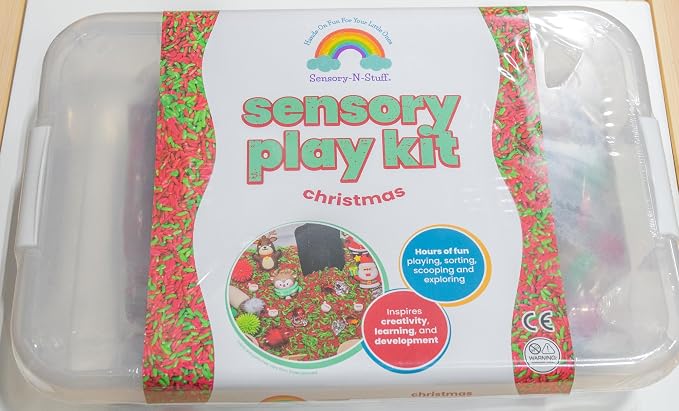 Christmas Sensory Bin Kit for Kids | Christmas Theme Red & Green Rice, Xmas Accessories, Santa Claus & Wooden Tools – Includes Clear Storage Bin