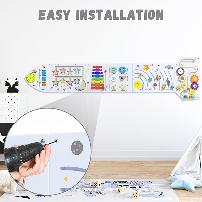 Rocket Activity Wall Busy Board Panels - Sensory Wall Panel for Kids, Montessori Toddler Wall Activity Board, Wall Toys for Toddlers 3, Activity Cube, Wood Activity Boards, White Grey