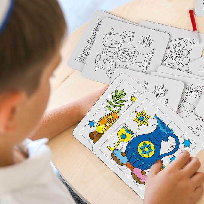 Cinrobiye 24 Sets Hanukkah Coloring Jigsaw Craft Kit for Kids, DIY Chanukah Activity Set with 8 Designs, Festival of Lights Party Favors, Winter Holiday Classroom Art Projects