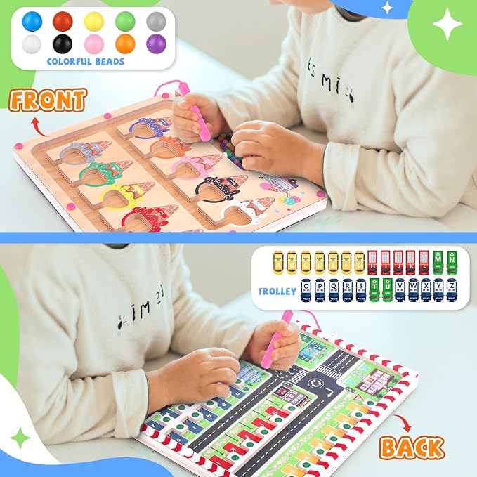 wakeInsa 2 in 1 Magnetic Color and Number Maze,Montessori Toy for 3-6 Years Old,Wooden Magnet Balls Puzzles,Toddler Busy Board Game,Preschool Learning Activities,Christmas & Birthday Gift for Kids