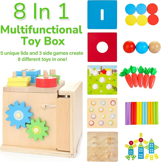 Wooden Montessori Toys for 1+ Year Old, 8-in-1 Toddler Learning Toy Set | Object Permanence Box, Ball Drop Coin Box, Carrot Harvest, Shape Sorting Toys, Gift for Baby Boys Girls Age 12+ Months