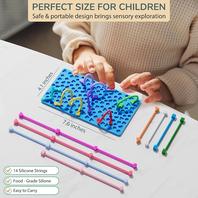 Sensory Activity Board for Kids Boys Girls, Fidget Toys for Stress Anxiety Autistic ADHD, Fidgets for Classroom Travel Airplane Toys for 3+ Year Old, Portable Travel Storage Box & 14 Strings