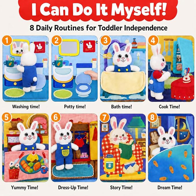 Busy Book for Toddlers 1-3, Toddler Travel Toy and Montessori Quiet Book with Attached Bunny, 12 Fine Motor Activities Gifts for 1 Year Old Boys Girls Birthday Gift