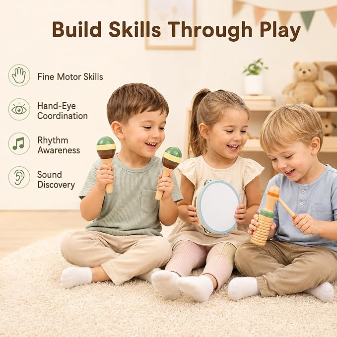 Wooden Musical Instruments, 12-Piece Montessori Percussion Set for Kids 3+ | No batteries required, combining melody, rhythm and varied sounds through open-ended exploration