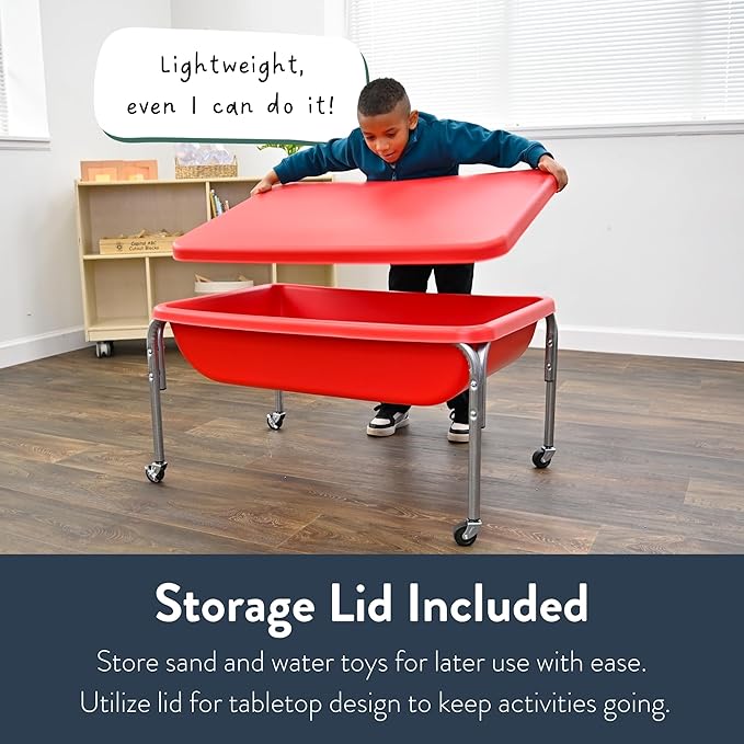 Children's Factory Medium Sensory Table and Lid – 18″ Height, Sandbox with Lid, Water Table for Kids, Red | Sandbox with Locking Casters for Indoor or Outdoor Use, Rust-Resistant Sensory Bin for Classrooms, Preschools, and Daycares