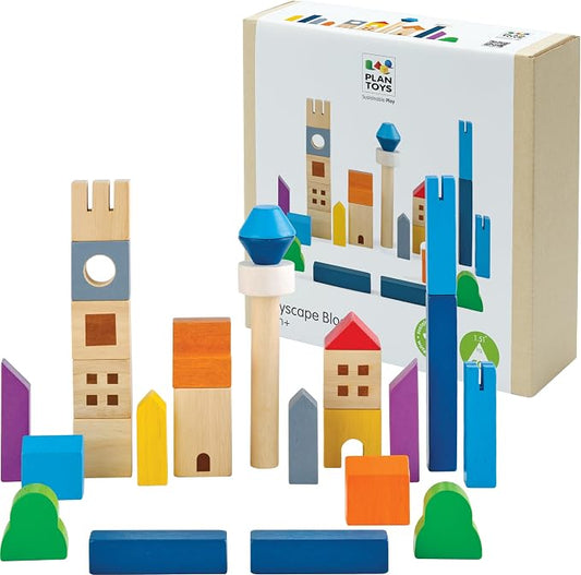 PlanToys® Cityscape Blocks Wooden Montessori Building Imaginative Kids Set | shapes, buildings, construction toys, sorting & stacking toys, girls, boys, spatial STEM fine motor creative gift preschool