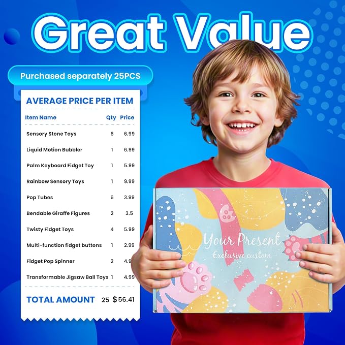 Sensory Toys 25 Pack with Visual Auditory Tactile Fidget Toys for Kids Adults Autism ADHD, Focus Calming Set for Classroom Calm Down Corner Office Desk, Travel Party Favors Gifts