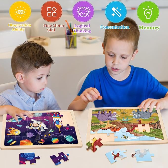 Puzzles for Kids Ages 4-6, 4 Packs 24 Piece Wooden Jigsaw Puzzle for Toddlers 3-5, Preschool Educational Toys Gifts for Boys and Girls