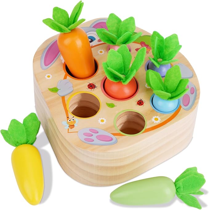 Montessori Toys for 2 3 Year Old Toddlers | Wooden Carrot Harvest Game | Shape Sorting Matching Toys for 18+ Months Baby Boys and Girls, 2st Birthday Easter Gifts for Babies 2 3 (Macron)