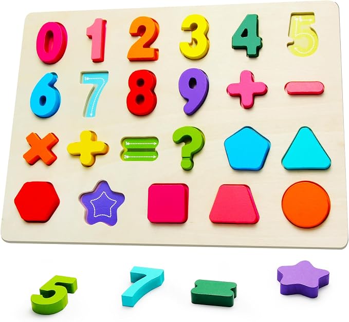 Wooden Number Shape Puzzles, Math Learning Toys for Toddlers | Thick Easy-Grip Solid Wood Letters, Preschool Early Learning Activities, Montessori Birthday Gift for Girls & Boys