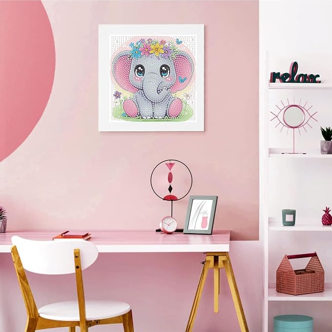 Gemozaic Elephant Diamond Art Kits for Kids Ages 4-8-12 with Frame, 7 x 7 | Cute Animal Diamond Art for Kids 4 6 8 10 12 Year Old, Easy Kid Big Gem Painting, DIY Arts and Crafts for Girl Birthday Gift