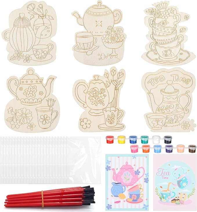 Chunful 24 Sets Tea Time Party Favors Wooden Tea Painting Crafts Kits for Kids DIY Floral Teapot Paint Arts and Crafts Gifts for Birthday Baby Shower Wedding Party Favors Classroom Art Project