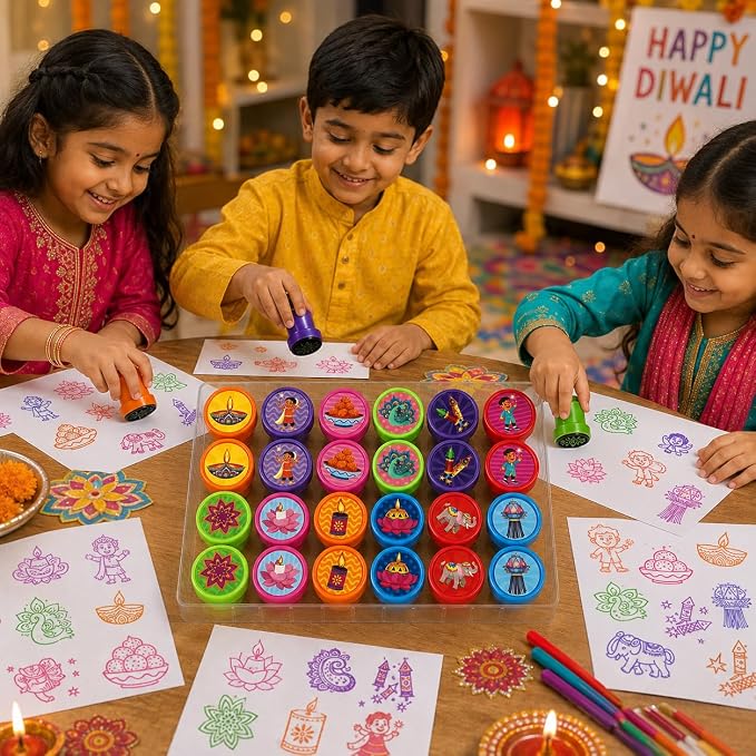 Cinrobiye 24 Pcs Diwali Stampers Party Favor Set, Cute Festival of Lights Stamps for Kids Diwali Celebration, Classroom Rewards, Cultural Party Supplies, Goody Bag Fillers, Holiday Party Favors