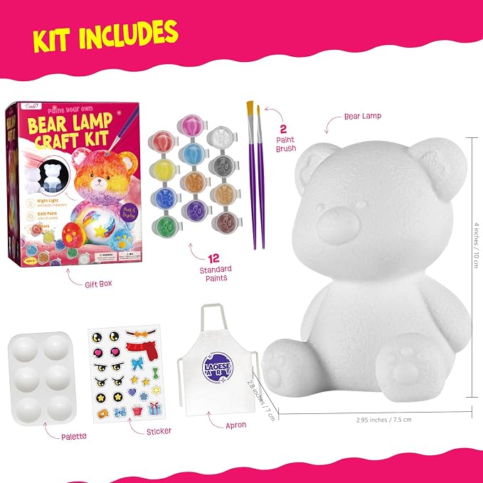 Paint Your Own Bear Lamp Kit, Crafts for Kids Ages 6-12, Gifts for Girl Boy | Bear painting kit with paints and 3D night light; fun craft activity, room decor and birthday gifts for kids ages 6-12