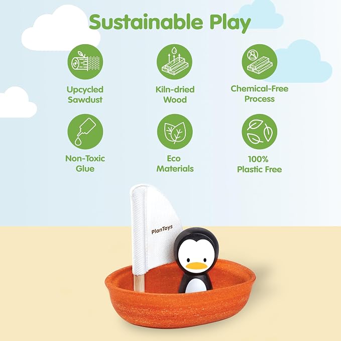 PlanToys® Wooden Penguin Sailing Boat Bath Toy for Toddlers, Montessori | wooden penguin sailing boat, montessori floating bath toy, water play, bathtub pool water table, kids toddlers imaginative pl
