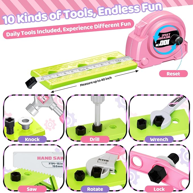 Kids Tool Set, Toddler Tool Box, Toy Drill, Construction Toys for Ages 3-5 | 46 Pcs Kids Toy Tools Kits for Toddlers Pretend Role Play, Christmas Birthday Gifts for Boys Girls Ages 3 4 5 6 7 8, Pink