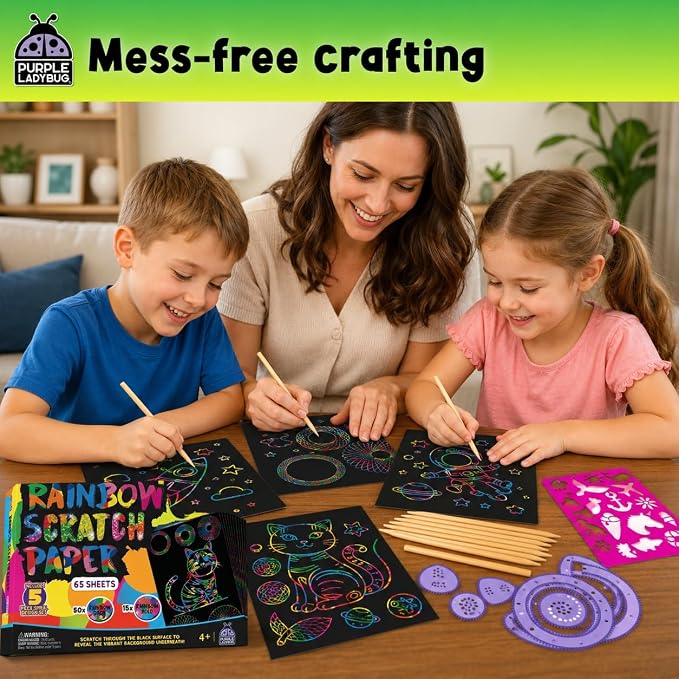 Rainbow Scratch Art Kit with Stencils, 79 Pc Craft Kit Ages 4-8 | Creative Drawing Paper & Stencils, Arts and Crafts for Ages 4-12, Summer Activities for Kids, Travel & Birthday Activities