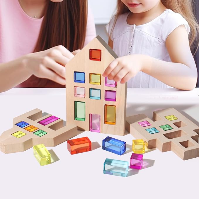 25 Pcs Rainbow Acrylic Building Blocks with 3 Beech Wood Houses, Dual Insert & Stack Sensory Toy, Light Refraction Gem Blocks, Montessori Creative Educational Gift for Toddler Boys Girls 1-5 Years Old