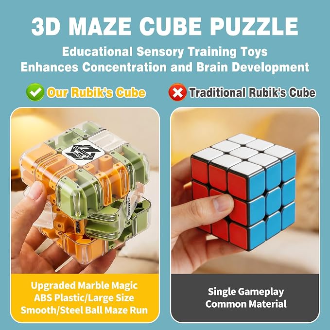 3D Maze Cube Ball Puzzle Brain Teaser for Adults & Kids, Educational Learning Toys Logical Thinking, Family Board Games Tabletop, Durable Puzzle Cube (Green&Brown&White-B, 3.3x3.3x3.3)