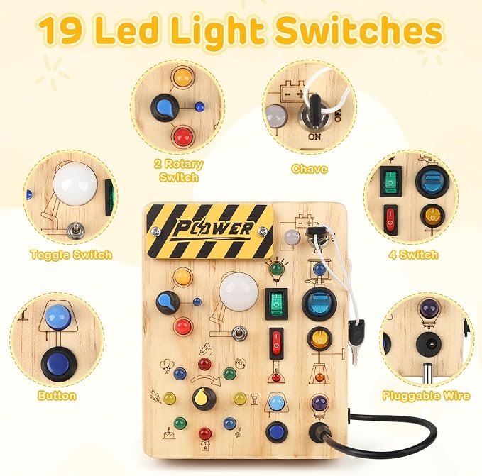 LED Busy Board for Toddlers 1-3,Montessori Sensory Toy with Key Switch and Plug, Light Up Wood Activity Switch Board for Fine Motor Skills, Educational Travel Toy Gift for 1 2 3 Year Old Boys Girls