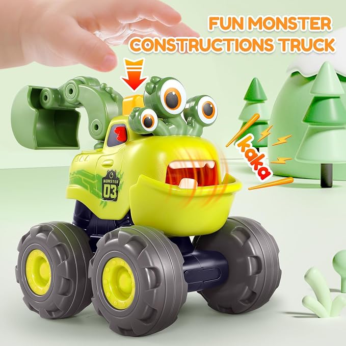 Toy Cars for 1-3 Year Old, 3 PCS Construction Monster Truck, Toddler Toy | Baby Toys 12-18 Months, Kids Toy, Christmas & Birthday Gifts, Pull Back Car with Big Wheel, Crane Truck Dump Excavator
