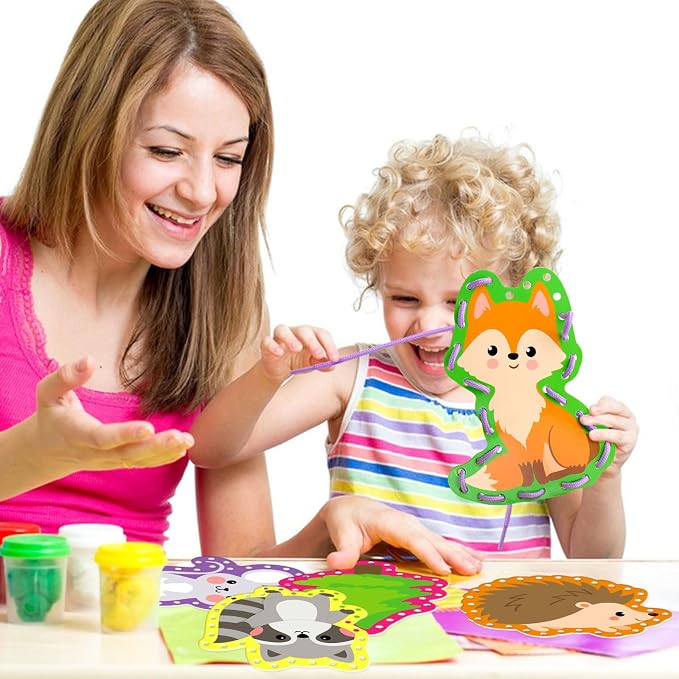 Omlisca Woodland Animals Lacing Cards for Kids 12 Pack Forest Animals Sewing Cards Owl Fox Bear Woodland Theme Party Decor Arts and Crafts Gifts for Toddler Preschool Developing Imagination Supplies