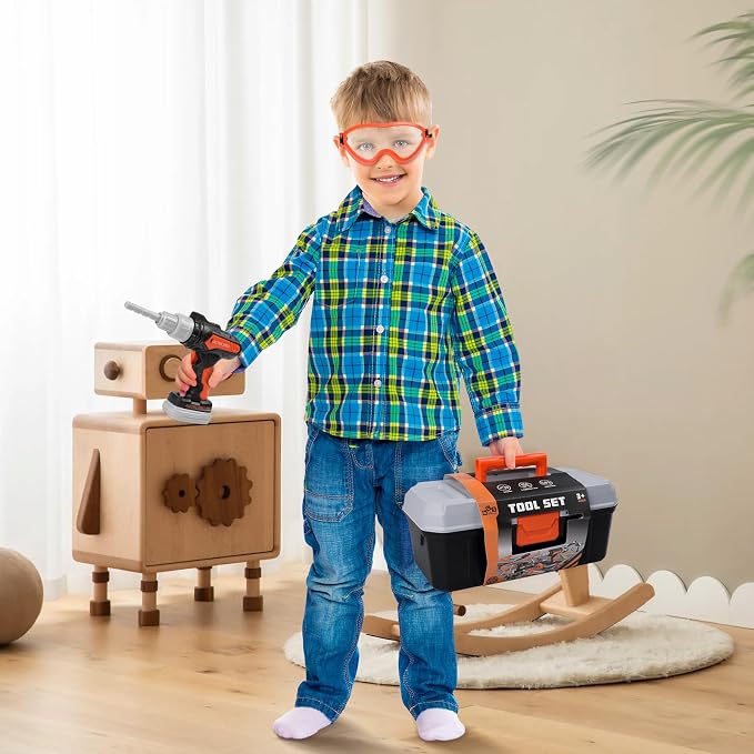Kids Tool Set with Hard Toolbox, 43 PCS Pretend Play Construction Toys with Battery Powered Toy Drill, Toddler STEM Educational Learning Gifts for Boys & Girls Age 3-8