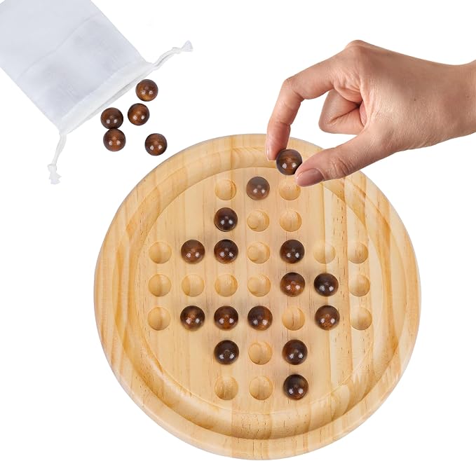 Gothink Solid Wood Solitaire Game, Classic Handcrafted 9'' Wooden Solitaire Board, 33 Smooth Wooden Balls, Single Strategic Mind Game for Kids and Adults