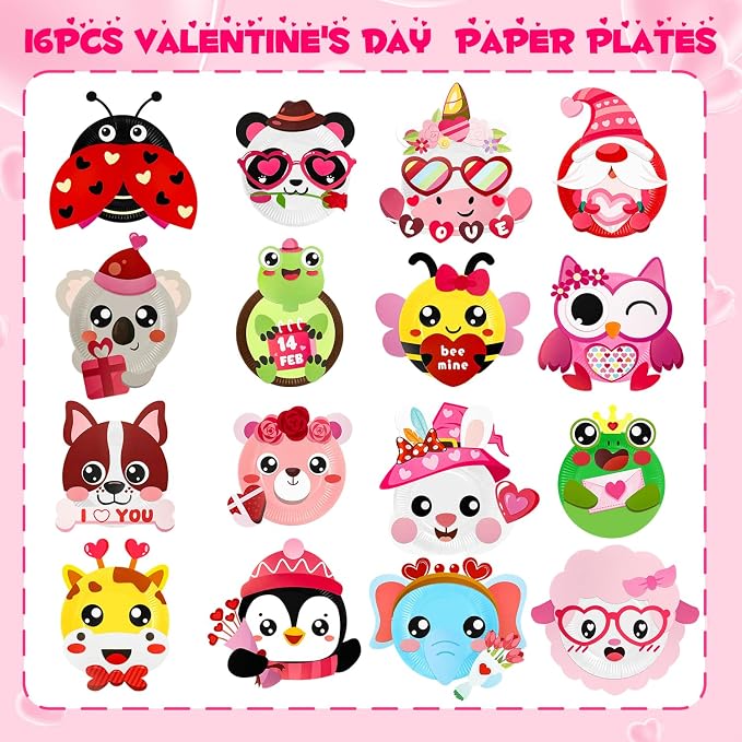 16 Pack Valentines Day Crafts for Kids, Toddler Crafts Paper Plate Art Kit Gift for 3 4 5 6 Year Old Boys Girls DIY Kids for Birthday Party Favor Preschool Classroom Party Games ﻿