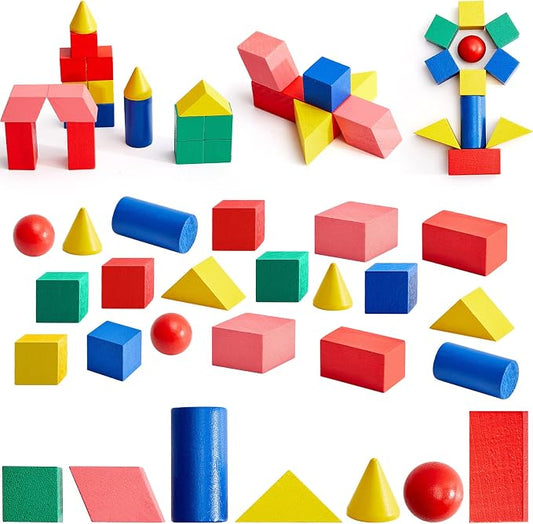 Deekin 70 Pcs Wood Geometric Solid Mini 3D Shape Wooden Building Block Bul | Montessori Stacking Toy Manipulatives Elementary Block for Preschool Learning Geometry Math Kindergarten Teaching Classroom