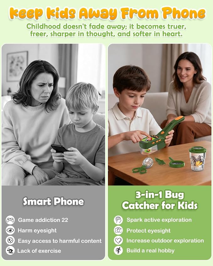 Bug Catcher for Kids,Kids Microscope,3-in-1 Insect Catching Kit for Kid | 2MP Camera Screen STEM Learning Toy,500x Magnification Insect Viewer Nature Exploration Outdoor Educational Gift for Boy Girl