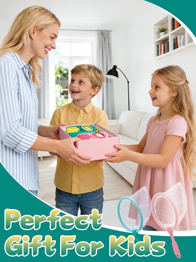 2 Sets Bug Catcher for Kids, Bug Catching Kit Gifts with Butterfly Net Toys | Built-in Magnifying Glass Bugs Box, Kids Camping Toys Bugs Collection Outdoor Explorer Kit for Age 3 4 5 6 7 8, Pink & Blue